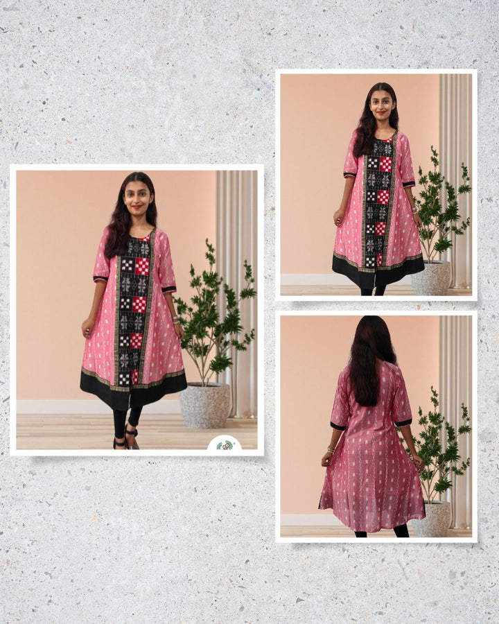 Authentic Sambalpuri Gown Design Pure Cotton Women Kurta Pink