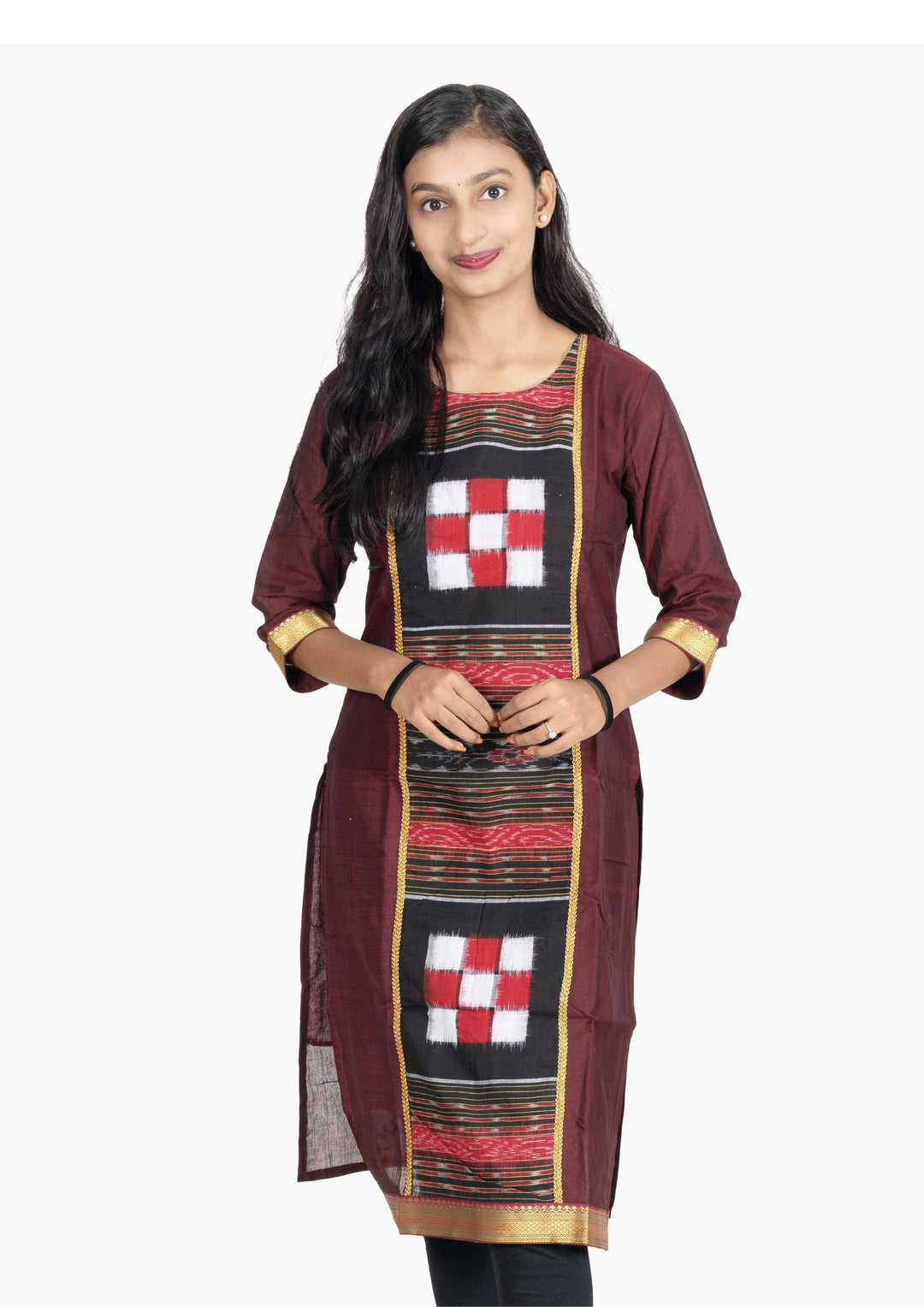 Sambalpuri Women's Kurti - Lace work Cotton Kurta in Dark Coffee