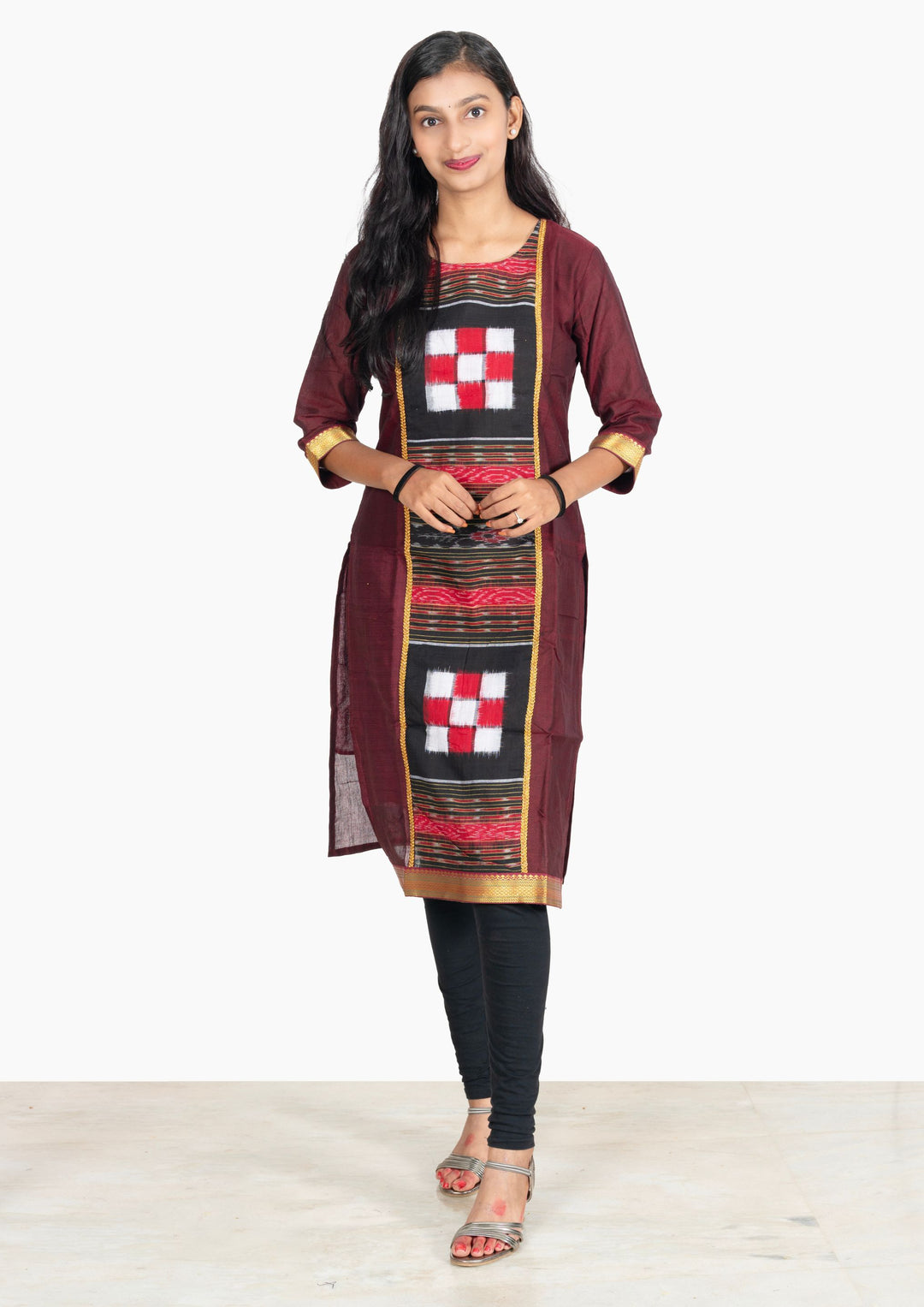 Sambalpuri Women's Kurti - Lace work Cotton Kurta in Dark Coffee