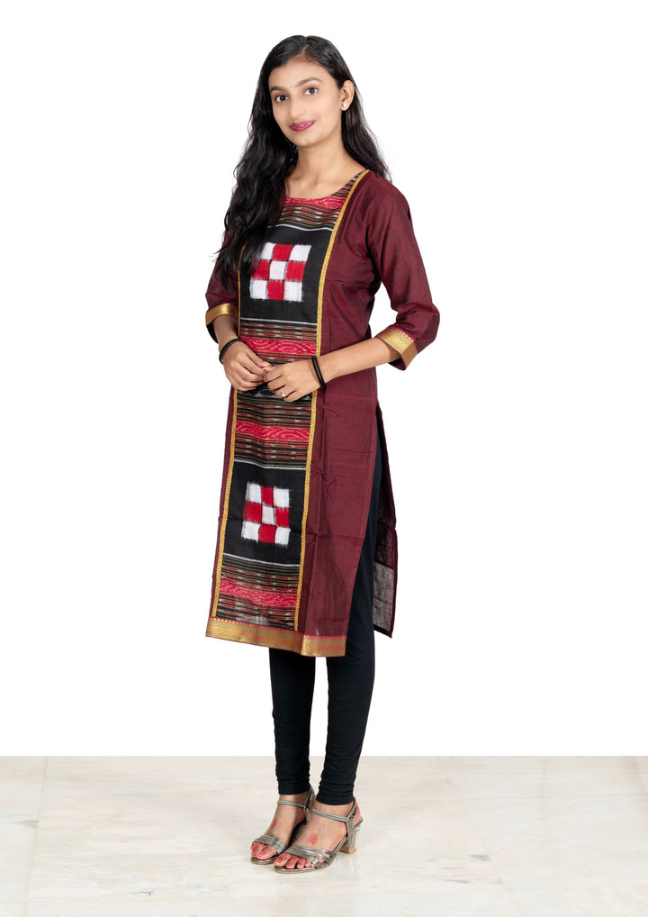 Sambalpuri Women's Kurti - Lace work Cotton Kurta in Dark Coffee