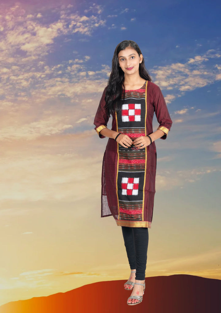 Sambalpuri Women's Kurti - Lace work Cotton Kurta in Dark Coffee