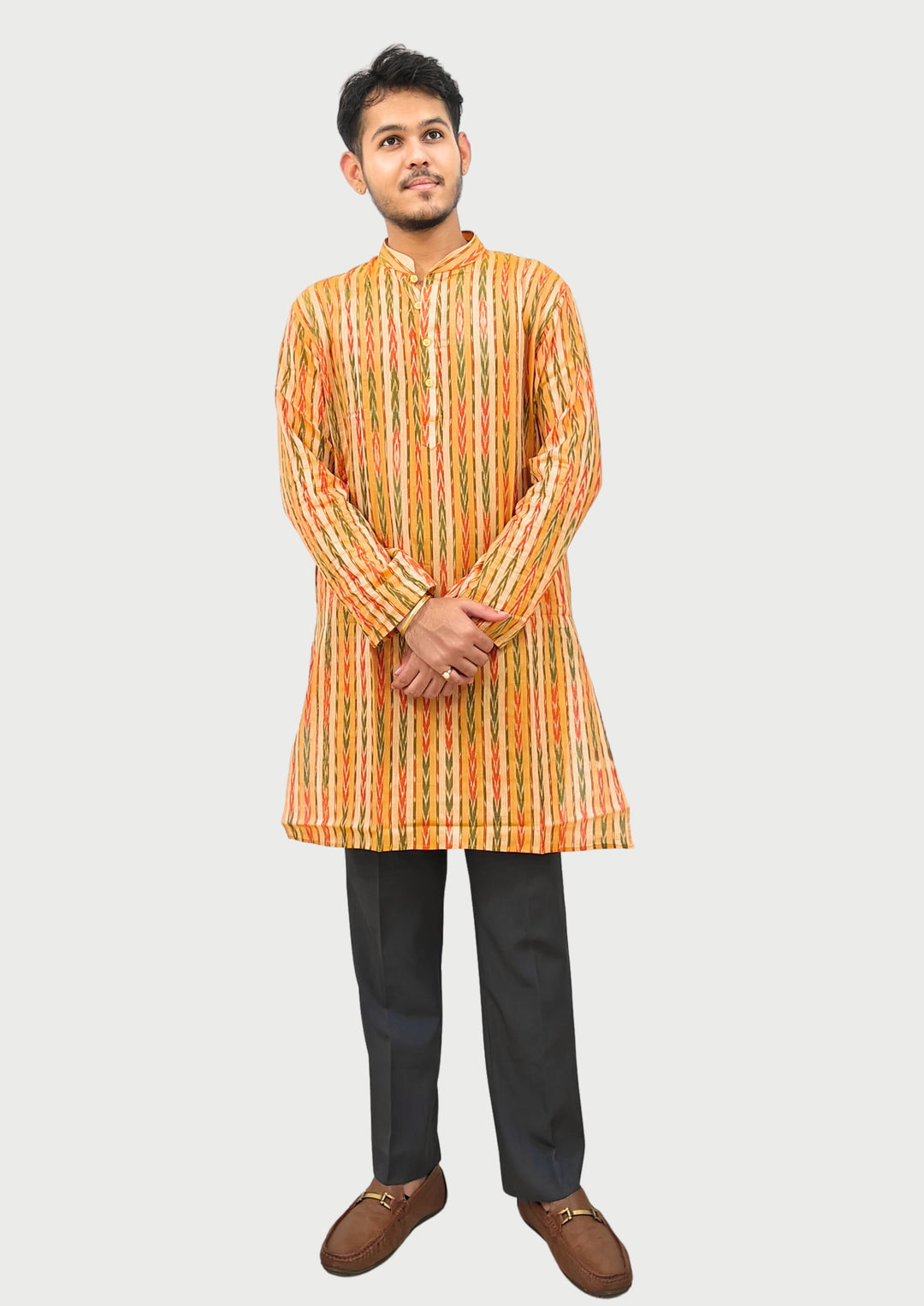Sambalpuri Men’s Long Kurta – Yellow with Orange & Green Ikat Vertical Stripe Motif