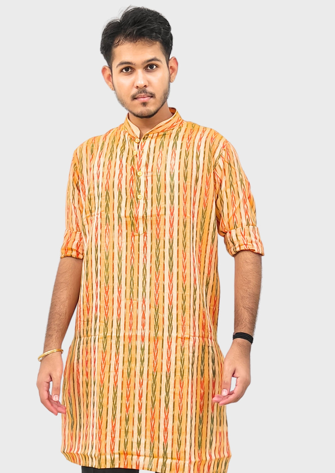 Sambalpuri Men’s Long Kurta – Yellow with Orange & Green Ikat Vertical Stripe Motif