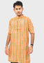 Sambalpuri Men’s Long Kurta – Yellow with Orange & Green Ikat Vertical Stripe Motif
