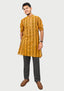 Sambalpuri Men’s Long Kurta – Ikat Stripe Motif, Mustard Yellow Base with White & Brown Highlights