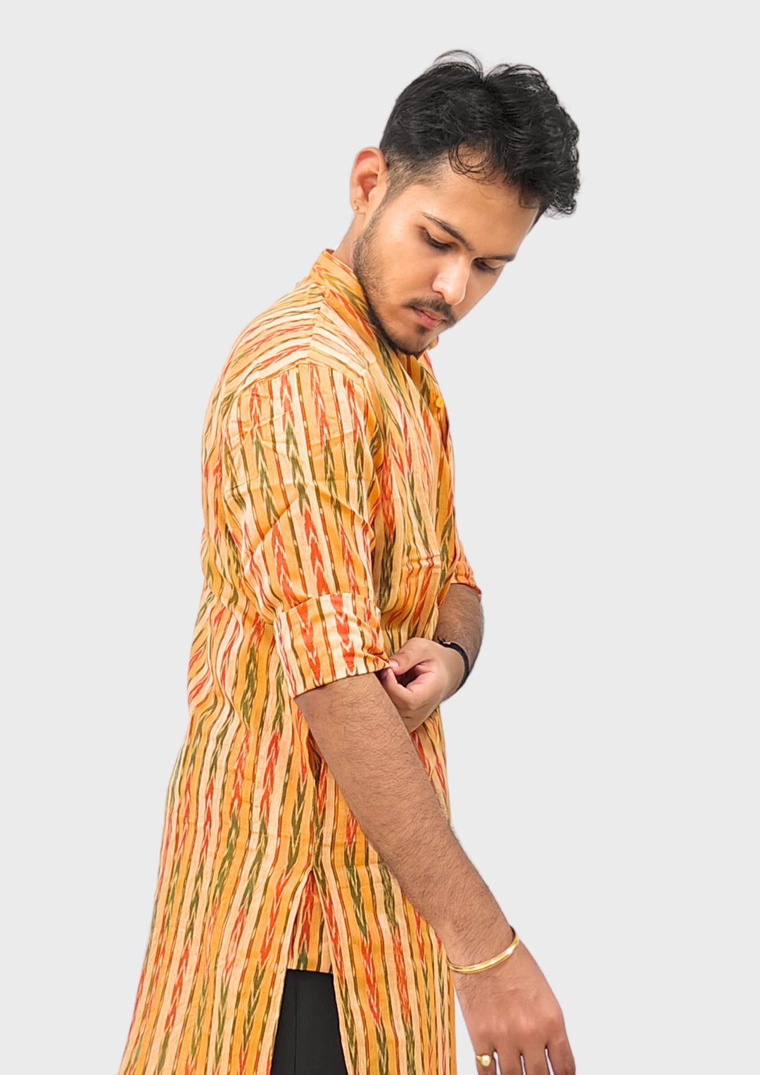 Sambalpuri Men’s Long Kurta – Yellow with Orange & Green Ikat Vertical Stripe Motif