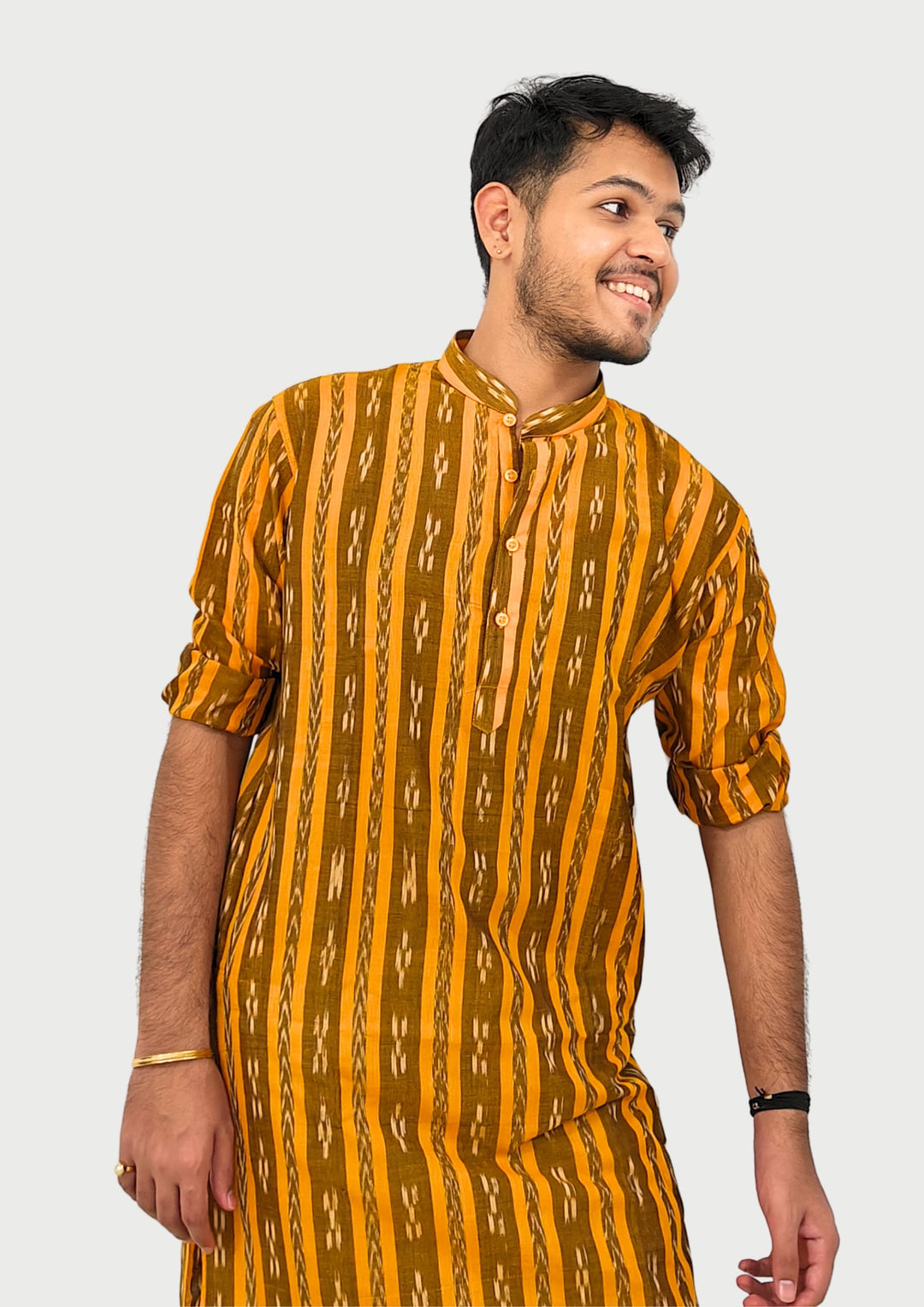 Sambalpuri Men’s Long Kurta – Ikat Stripe Motif, Mustard Yellow Base with White & Brown Highlights