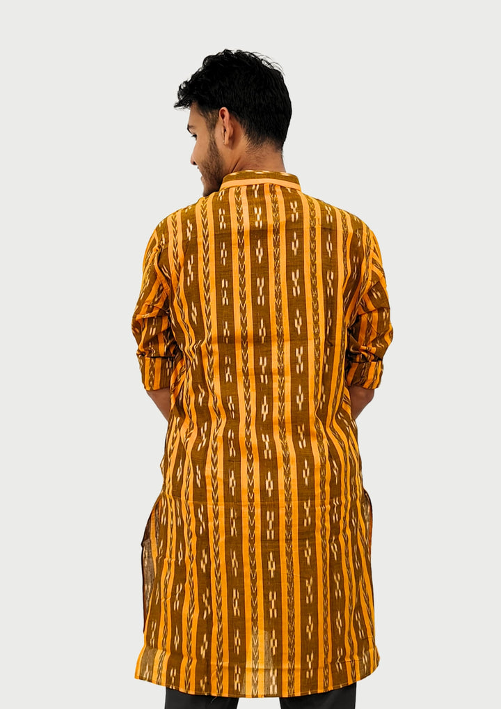Sambalpuri Men’s Long Kurta – Ikat Stripe Motif, Mustard Yellow Base with White & Brown Highlights