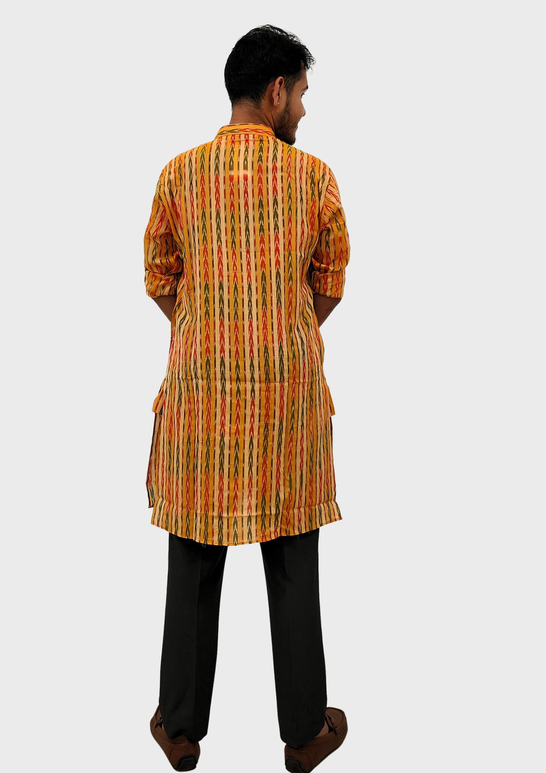 Sambalpuri Men’s Long Kurta – Yellow with Orange & Green Ikat Vertical Stripe Motif