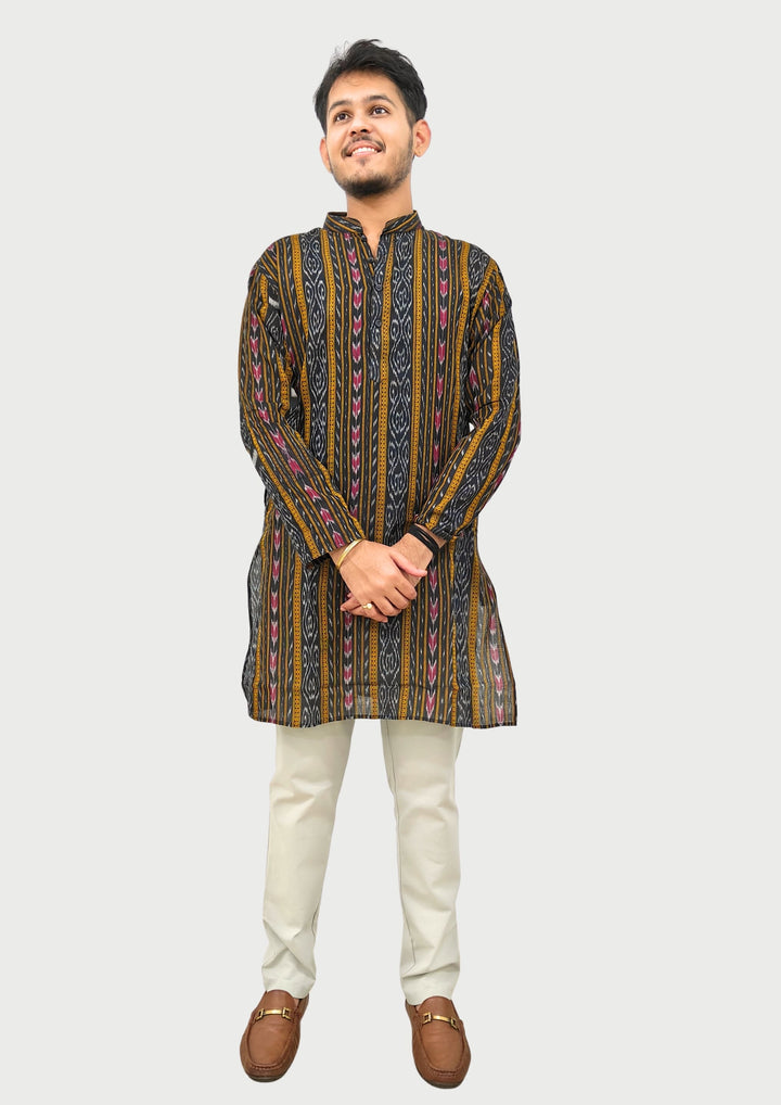 Sambalpuri Men’s Long Kurta –  Ikat Vertical Stripe with Abstract Motifs, Black Base with Yellow & Pink Highlights