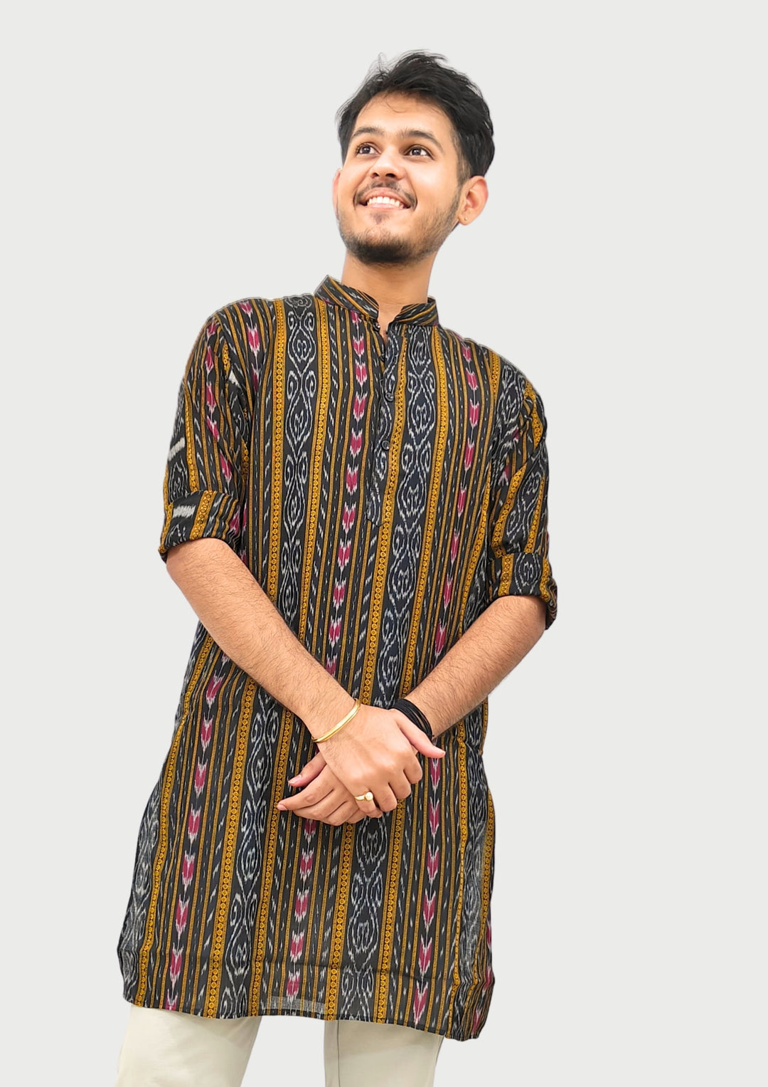 Sambalpuri Men’s Long Kurta –  Ikat Vertical Stripe with Abstract Motifs, Black Base with Yellow & Pink Highlights