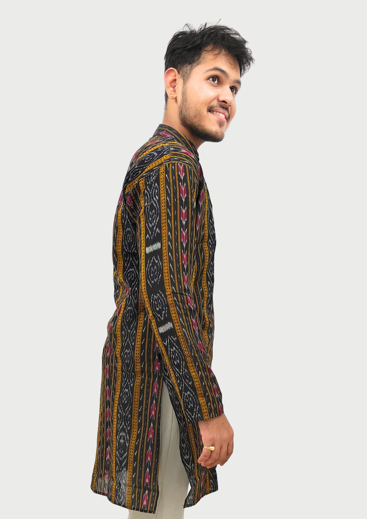 Sambalpuri Men’s Long Kurta –  Ikat Vertical Stripe with Abstract Motifs, Black Base with Yellow & Pink Highlights