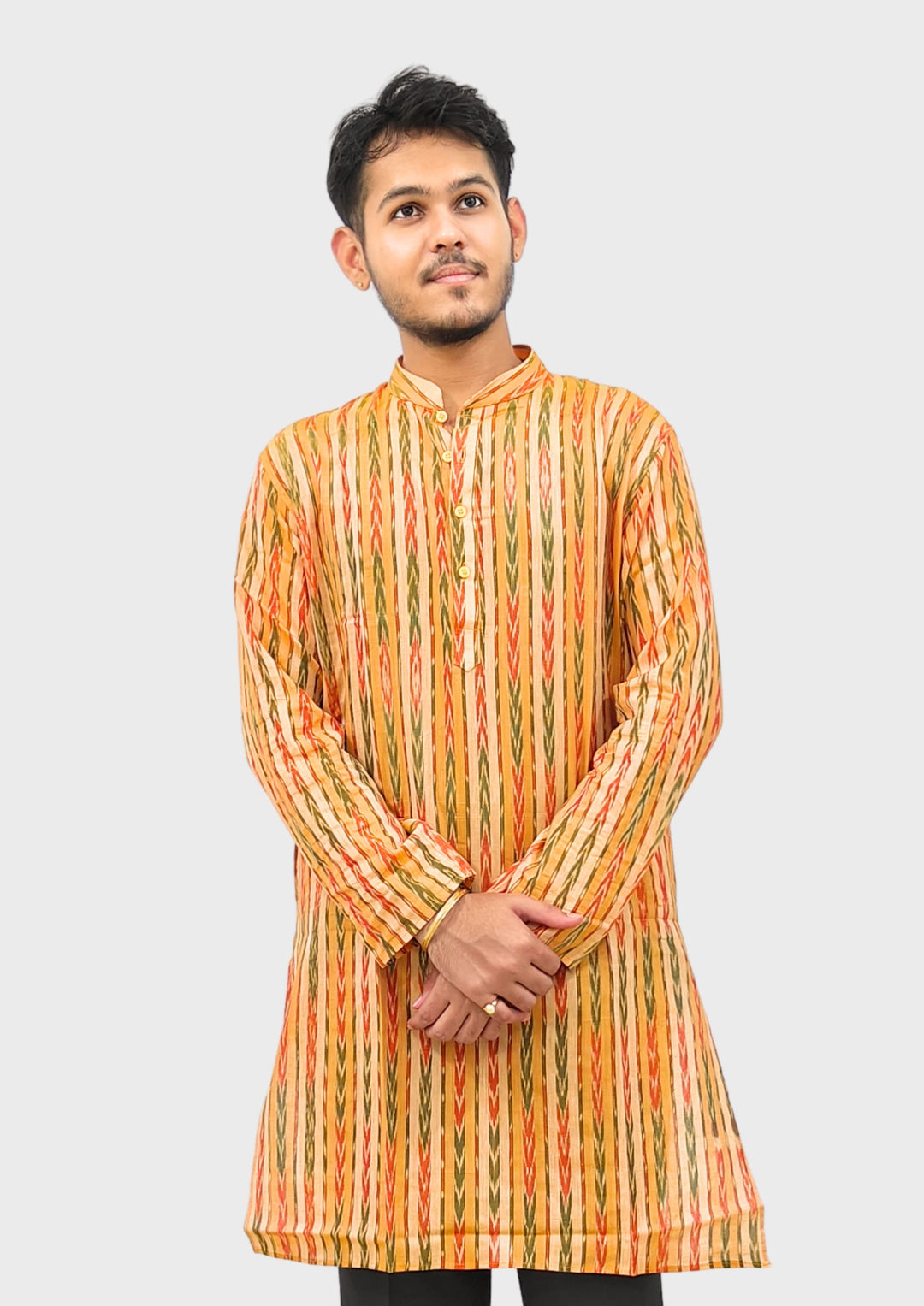 Sambalpuri Men’s Long Kurta – Yellow with Orange & Green Ikat Vertical Stripe Motif