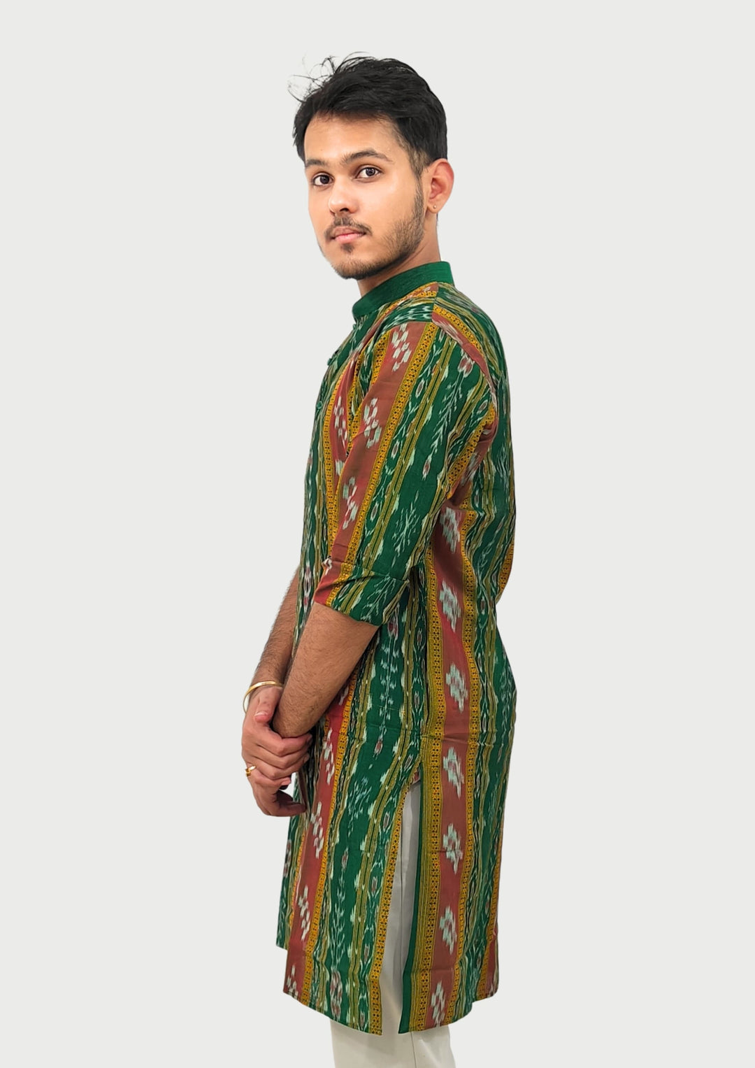 Sambalpuri Men's Long Kurta – Green with Maroon and Golden Ikat Vertical Stripe Motif