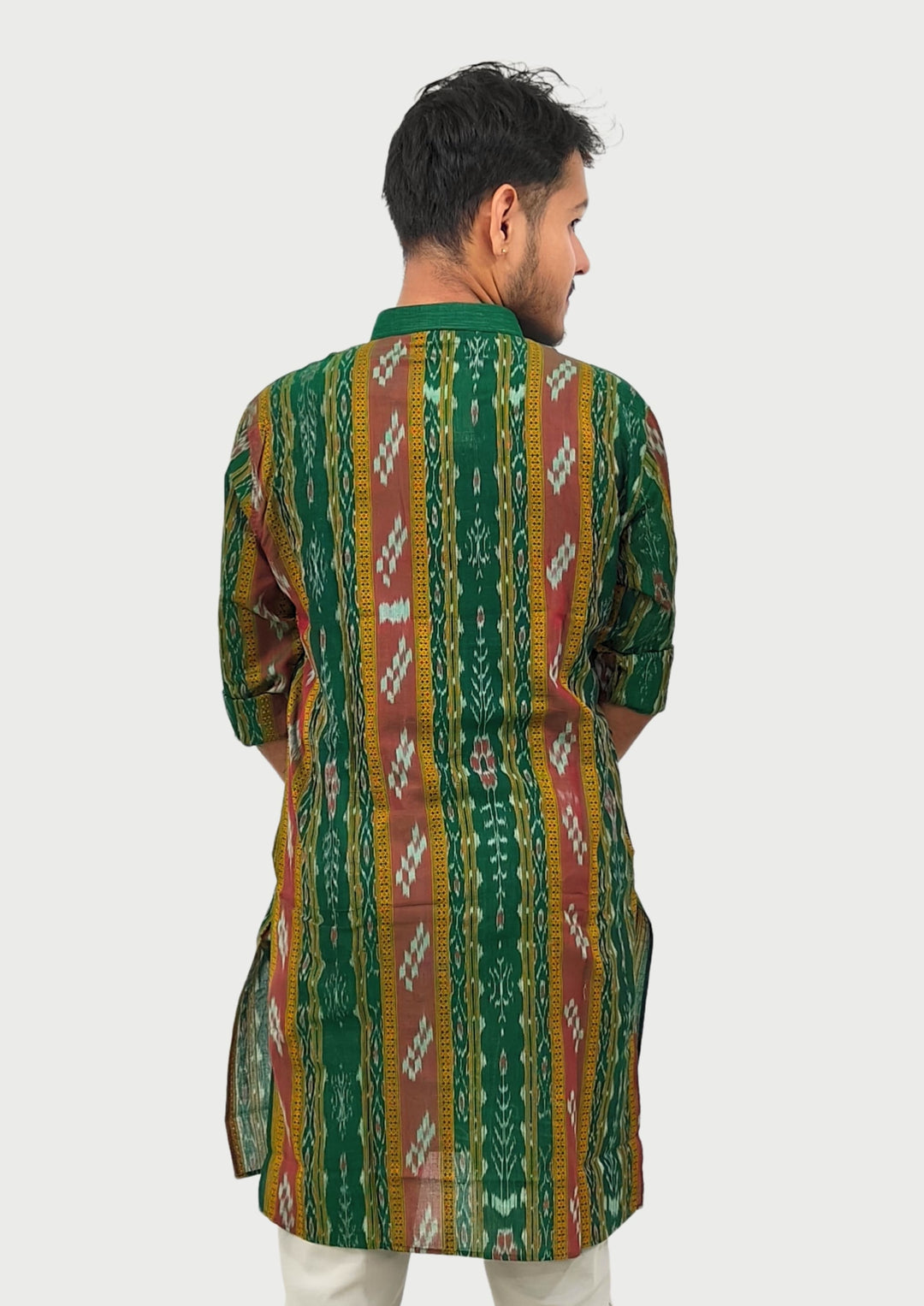 Sambalpuri Men's Long Kurta – Green with Maroon and Golden Ikat Vertical Stripe Motif