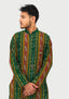 Sambalpuri Men's Long Kurta – Green with Maroon and Golden Ikat Vertical Stripe Motif