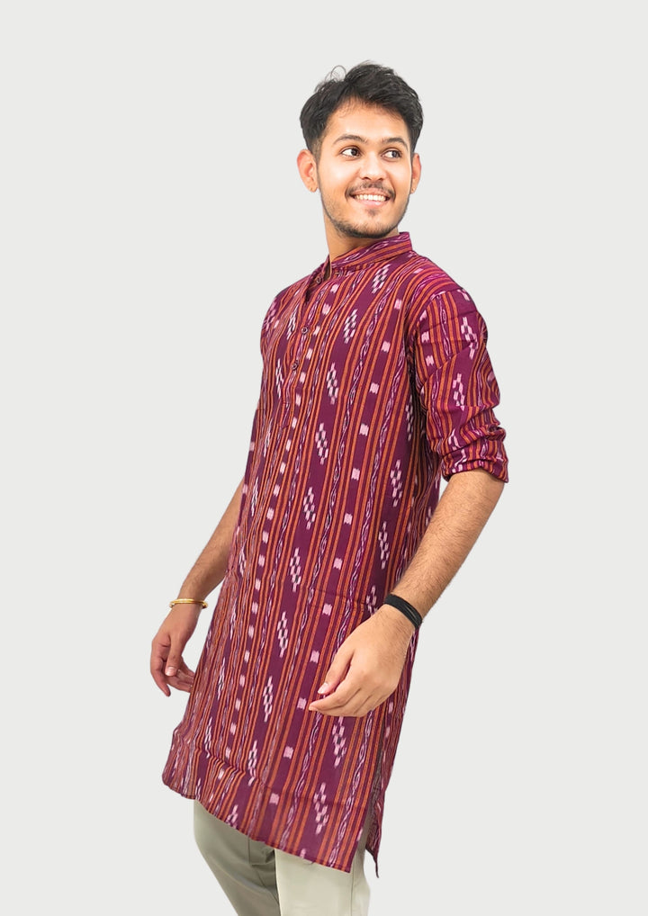 Sambalpuri Men’s Long Kurta – Ikat Diamond Motif, Maroon Base with White & Pink Highlights