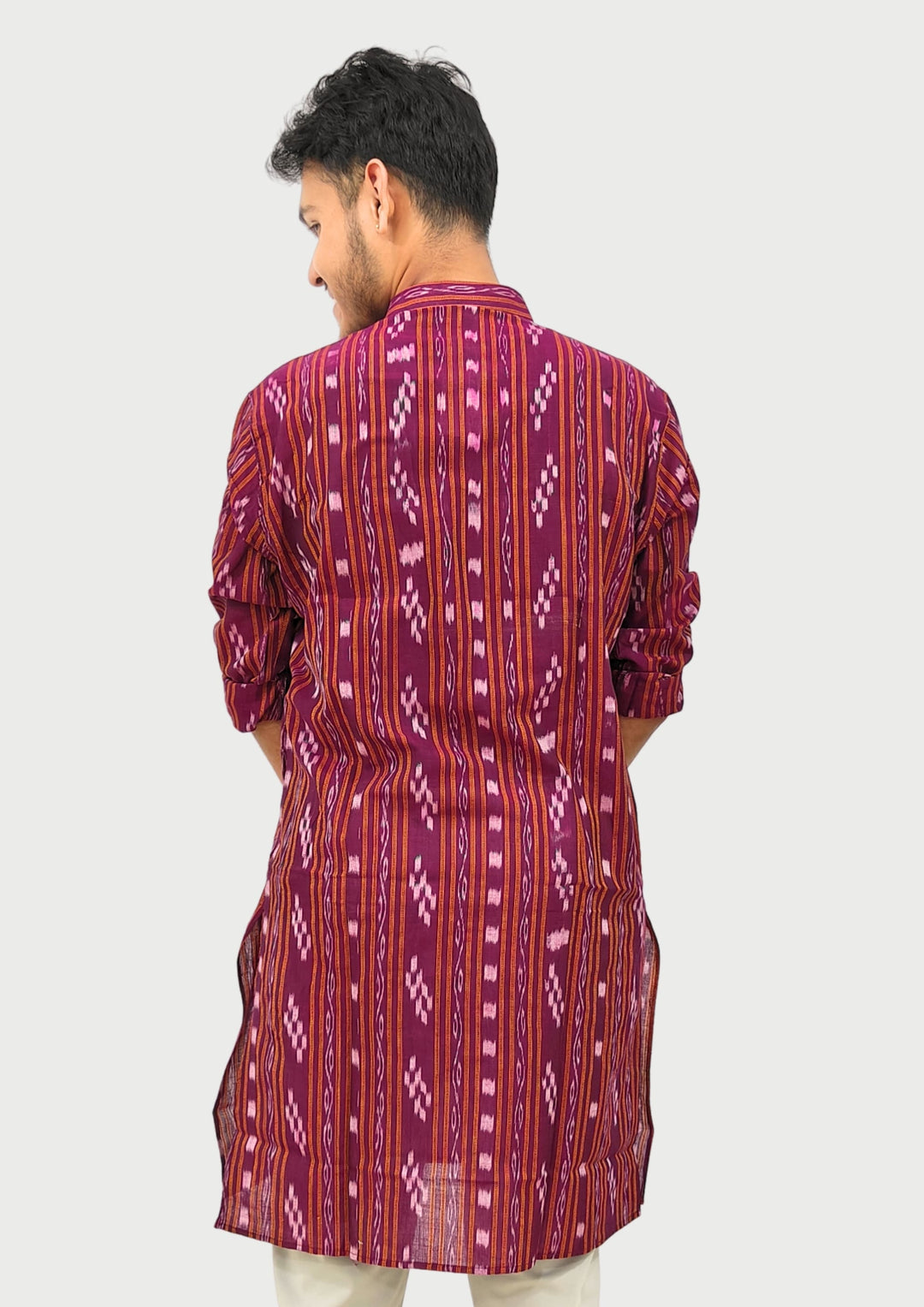 Sambalpuri Men’s Long Kurta – Ikat Diamond Motif, Maroon Base with White & Pink Highlights