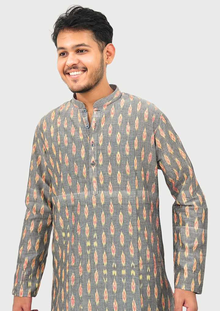 Sambalpuri Men’s Long Kurta – Grey Base with Multicolor Ikat Vertical Stripe Motif