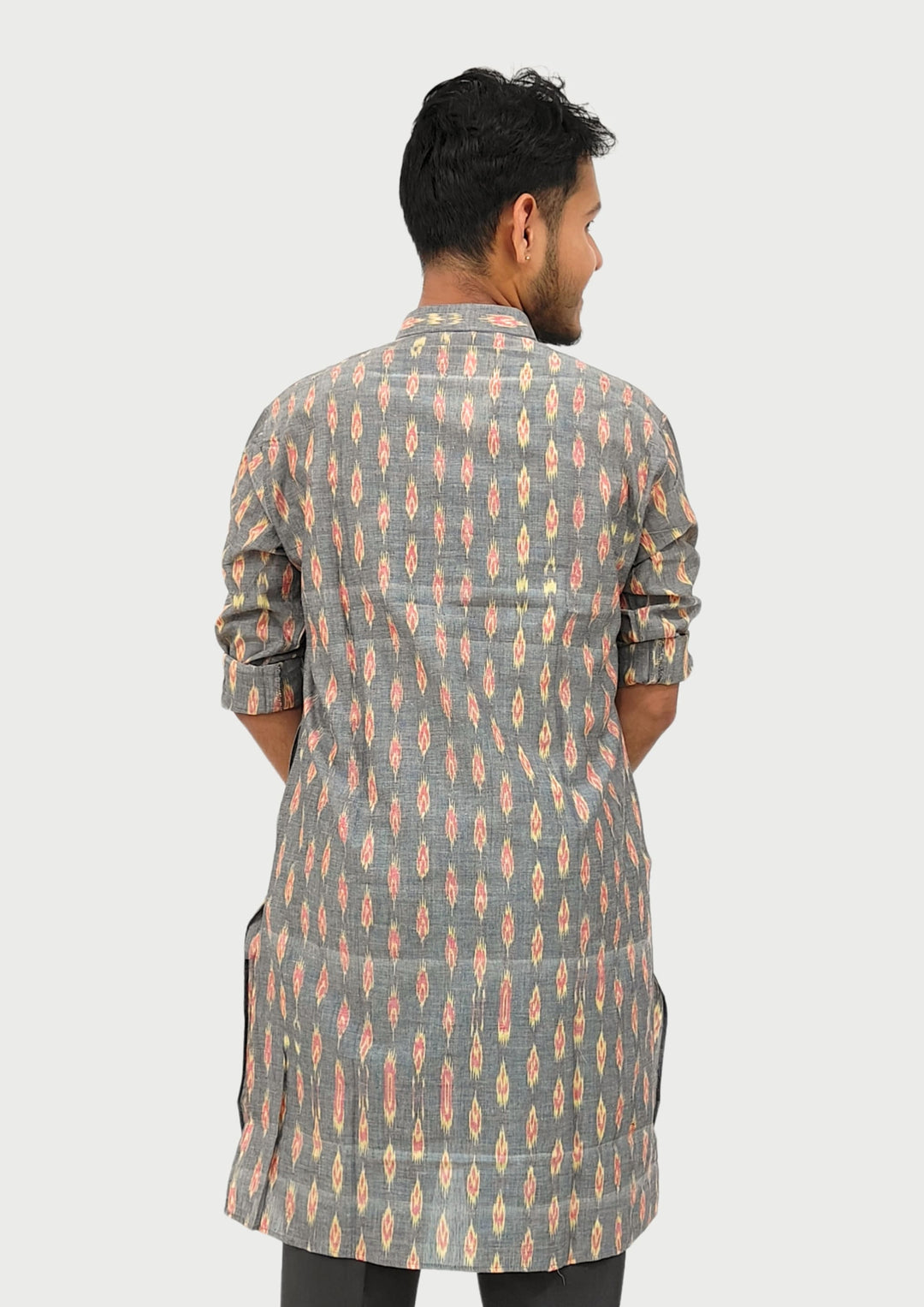 Sambalpuri Men’s Long Kurta – Grey Base with Multicolor Ikat Vertical Stripe Motif