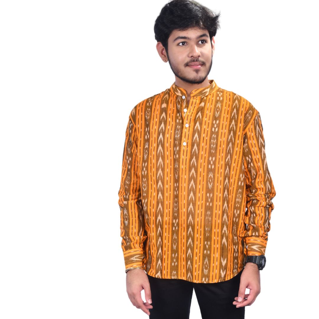 Sambalpuri Handloom Full-sleeve Cotton Kurta for Men in Yellow