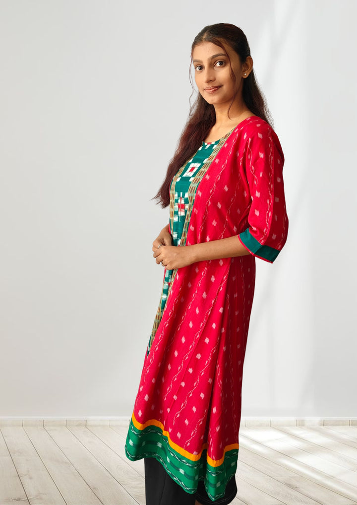 Queens Design Authentic Sambalpuri Kurta– Red & Green Festive Fusion