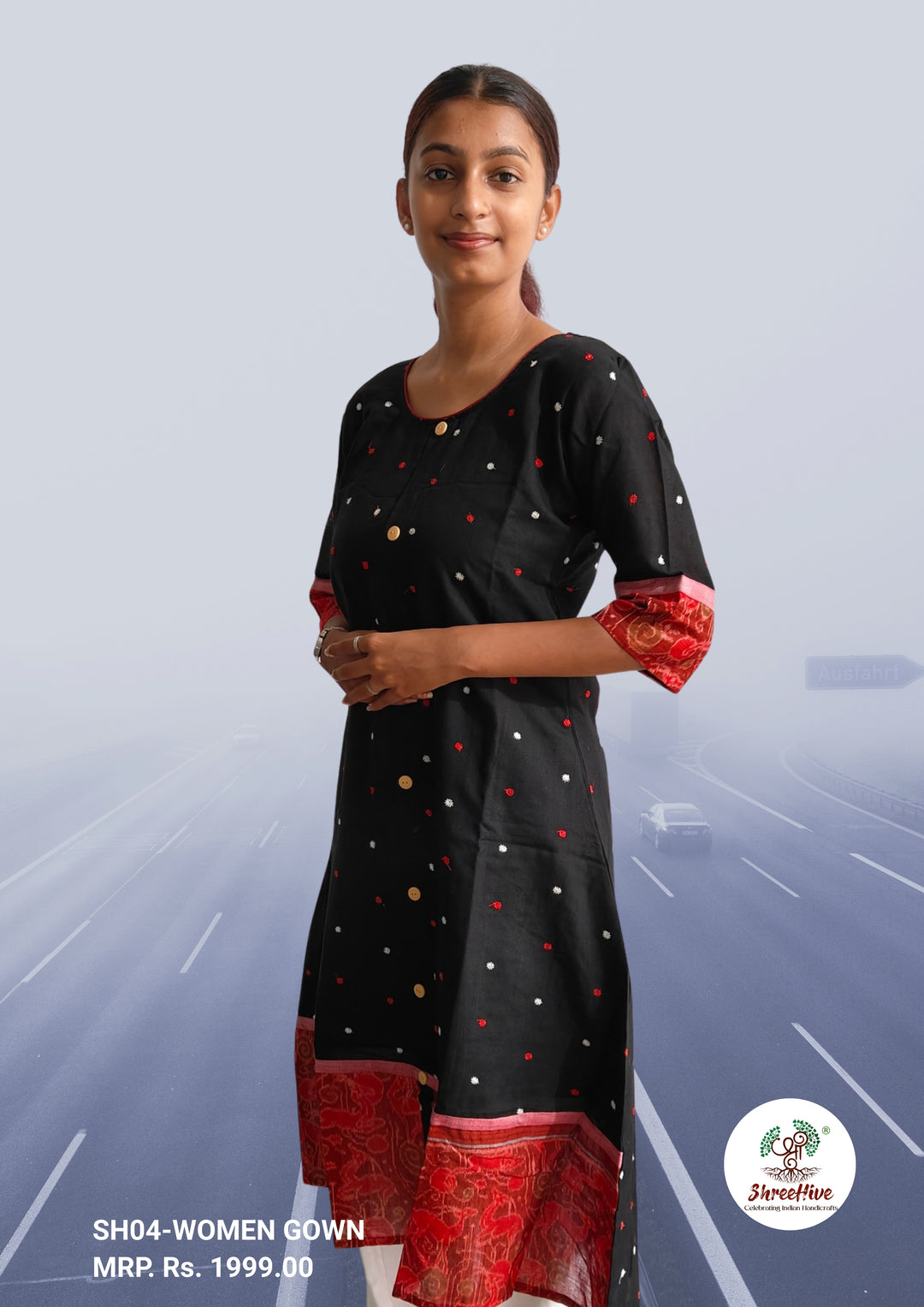 Midnight Blossom – Black Sambalpuri Gown with Red Elegance
