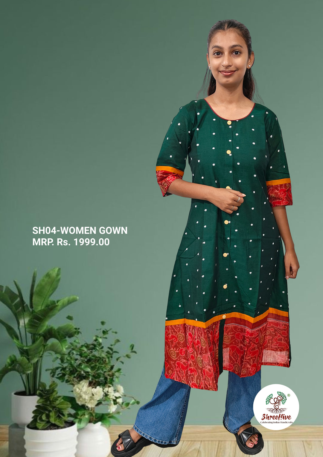 Emerald Rhythm – Handcrafted Authentic Sambalpuri Green and Red Cotton Gown