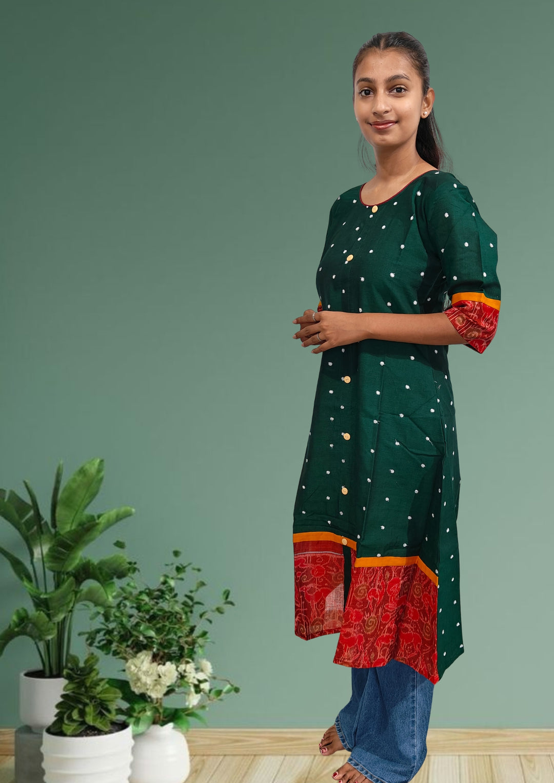 Emerald Rhythm – Handcrafted Authentic Sambalpuri Green and Red Cotton Gown