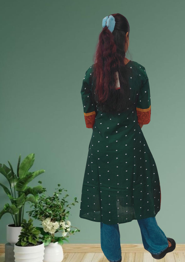 Emerald Rhythm – Handcrafted Authentic Sambalpuri Green and Red Cotton Gown
