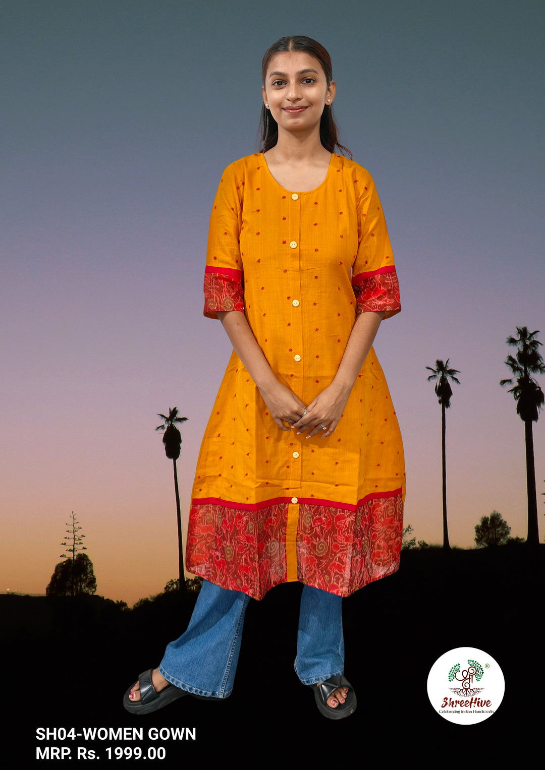 Kanira – Mustard Yellow Sambalpuri Kurti with Red Ikat Accents