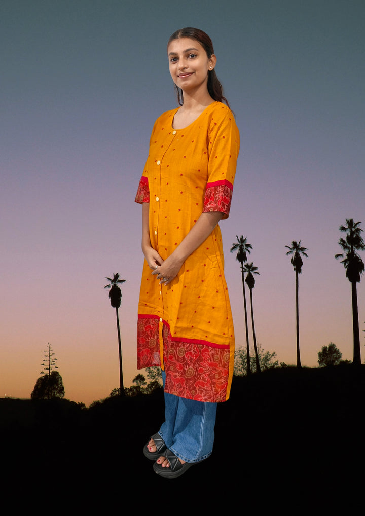 Kanira – Mustard Yellow Sambalpuri Kurti with Red Ikat Accents
