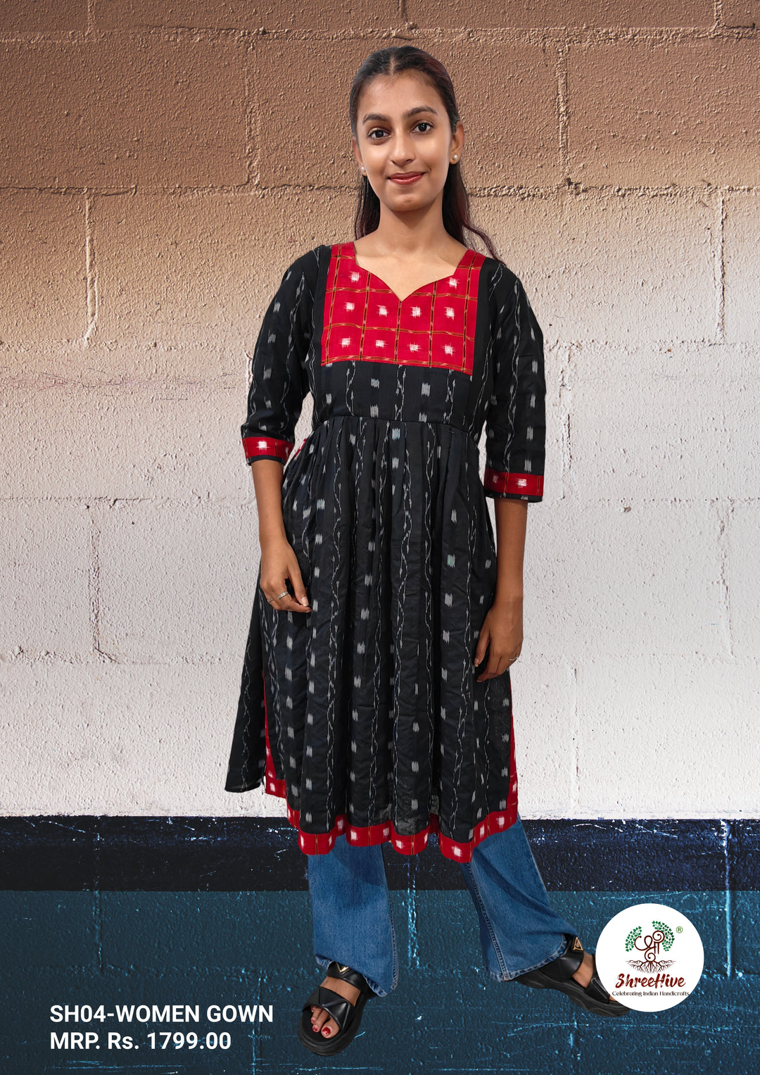 Authentic Sambalpuri Naira-cut Design Cotton Women's Kurta in Red & Black