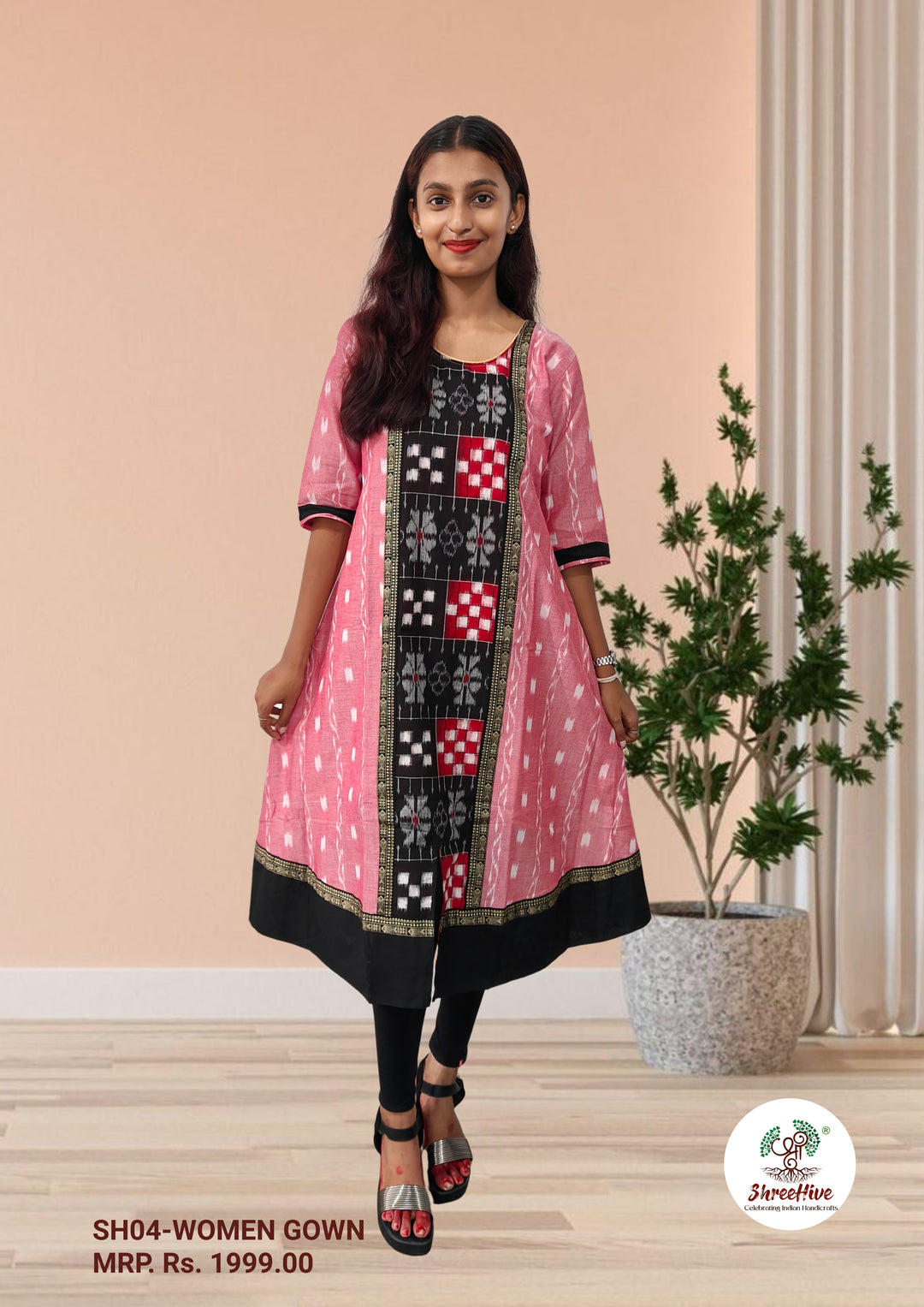 Authentic Sambalpuri Gown Design Pure Cotton Women Kurta Pink