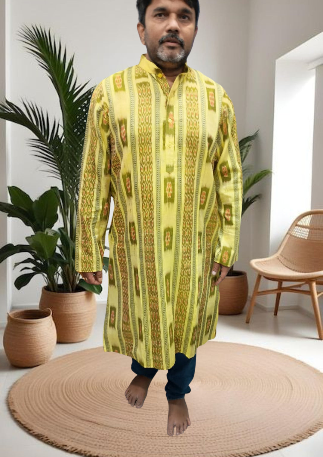 Sambalpuri Handloom Cotton Full-sleeve Long Kurta for Men in Yellow