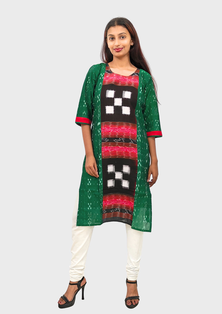 Sambalpuri Women's Kurti – Green with Black, Red, and White Pasapali Ikat Motif