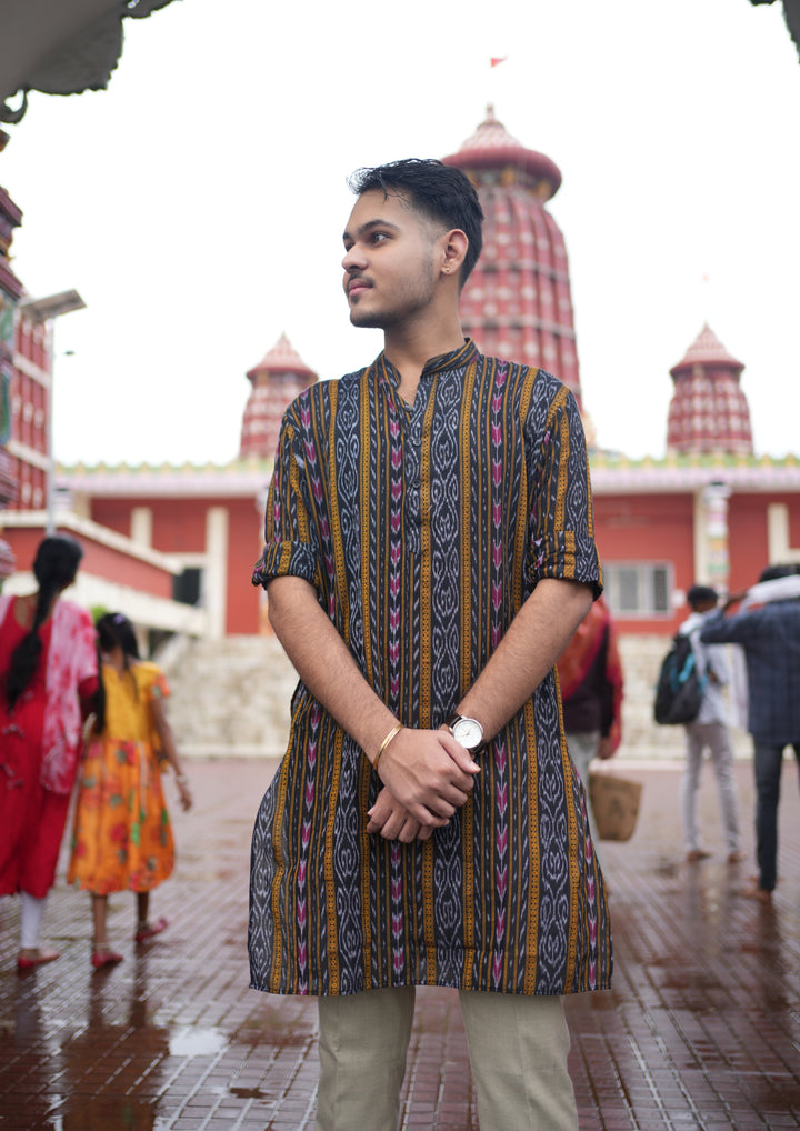Sambalpuri Men’s Long Kurta –  Ikat Vertical Stripe with Abstract Motifs, Black Base with Yellow & Pink Highlights