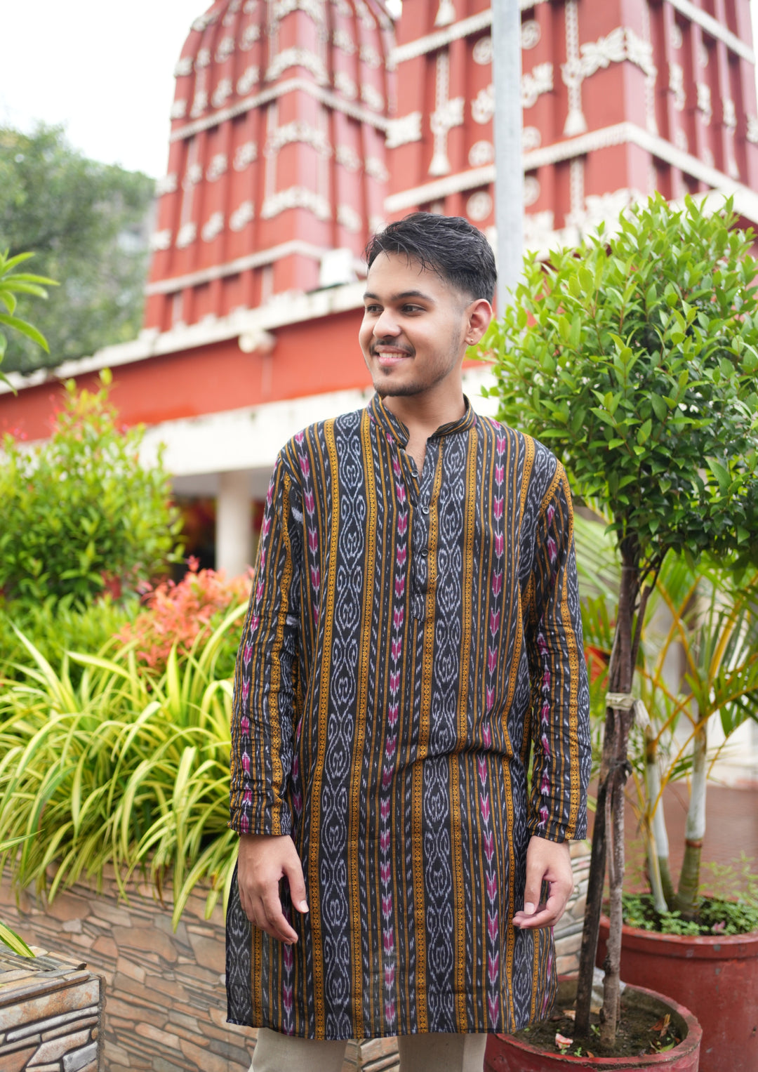 Sambalpuri Men’s Long Kurta –  Ikat Vertical Stripe with Abstract Motifs, Black Base with Yellow & Pink Highlights