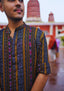 Sambalpuri Men’s Long Kurta –  Ikat Vertical Stripe with Abstract Motifs, Black Base with Yellow & Pink Highlights