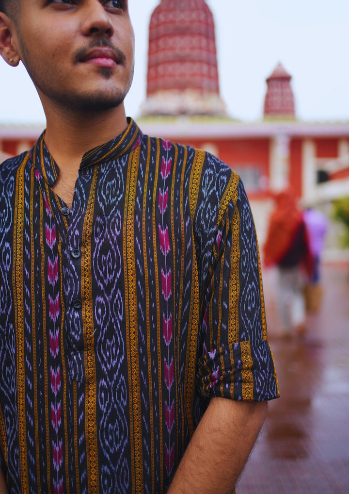 Sambalpuri Men’s Long Kurta –  Ikat Vertical Stripe with Abstract Motifs, Black Base with Yellow & Pink Highlights