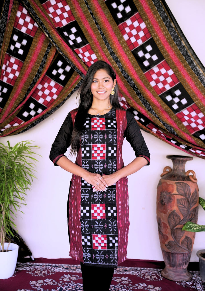 Sambalpuri Women's Kurti - Pure Cotton Black Sapta Design