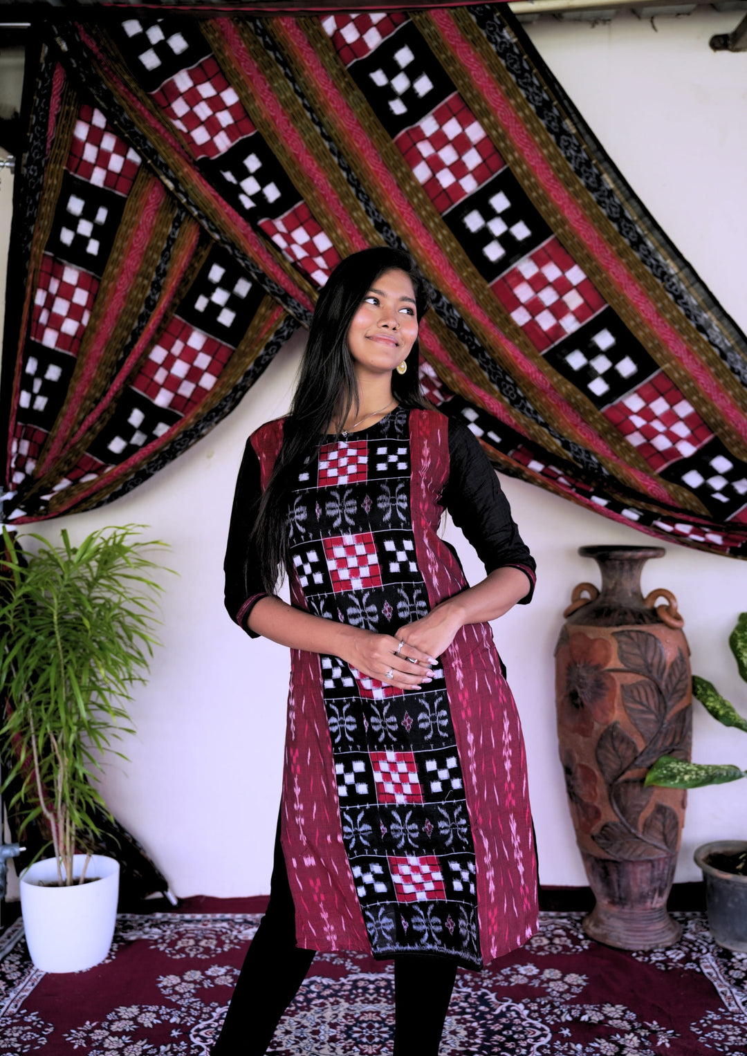 Sambalpuri Women's Kurti - Pure Cotton Black Sapta Design