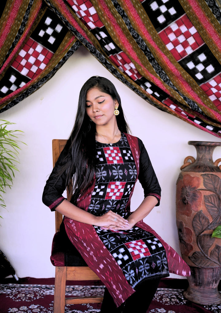 Sambalpuri Women's Kurti - Pure Cotton Black Sapta Design