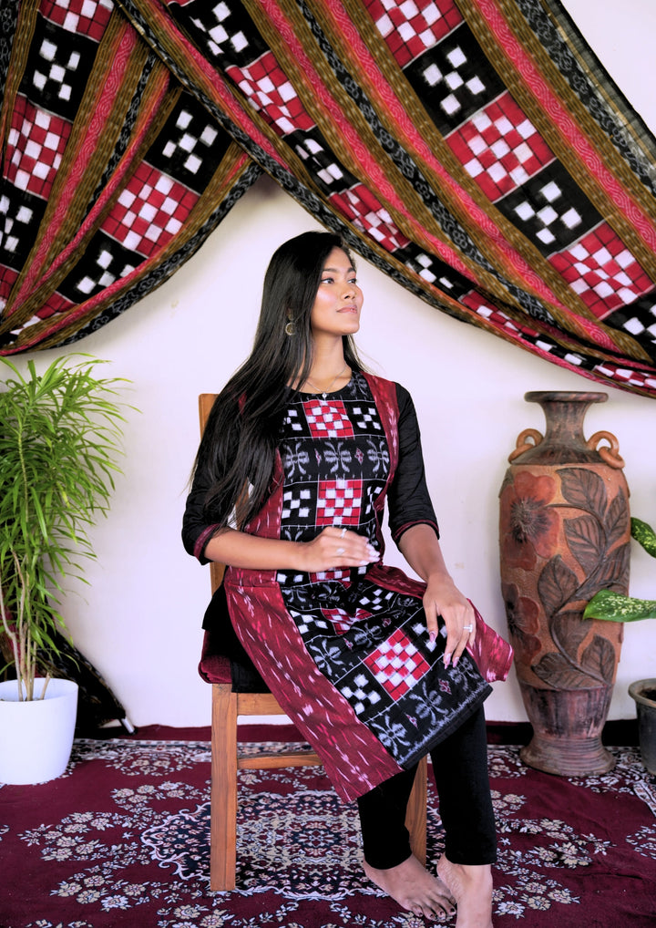Sambalpuri Women's Kurti - Pure Cotton Black Sapta Design