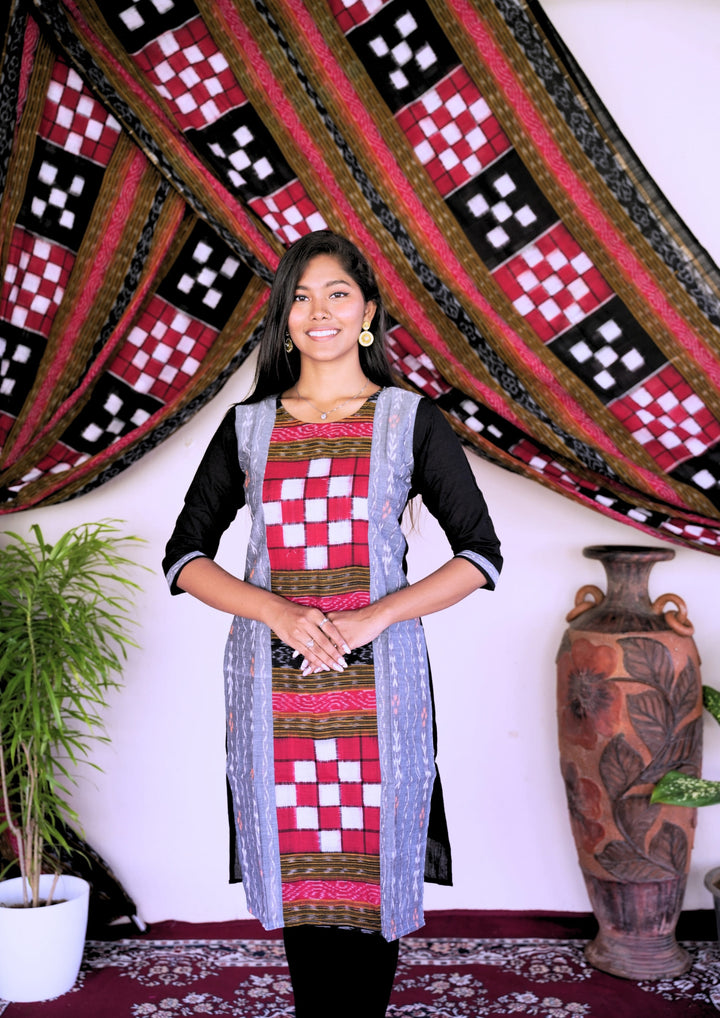 Sambalpuri Women's Kurti - Bichitrapuri Design Pure Cotton Kurta in Grey & Black