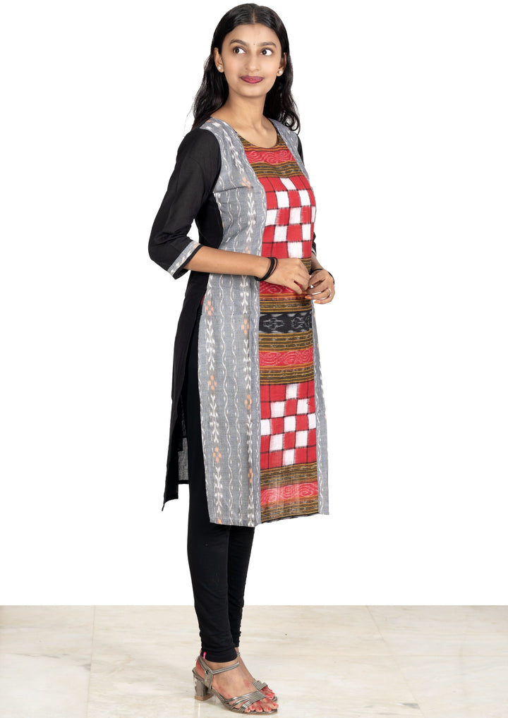 Sambalpuri Women's Kurti - Bichitrapuri Design Pure Cotton Kurta in Grey & Black