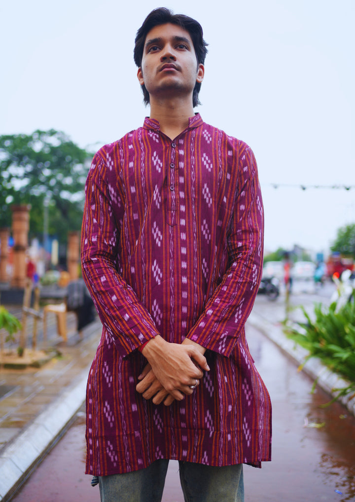 Sambalpuri Men’s Long Kurta – Ikat Diamond Motif, Maroon Base with White & Pink Highlights