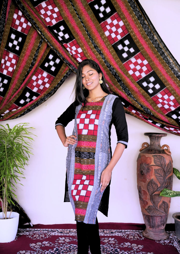 Sambalpuri Women's Kurti - Bichitrapuri Design Pure Cotton Kurta in Grey & Black