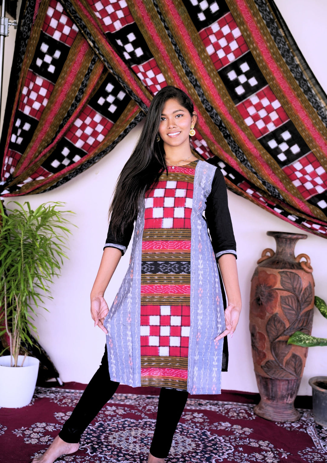 Sambalpuri Women's Kurti - Bichitrapuri Design Pure Cotton Kurta in Grey & Black
