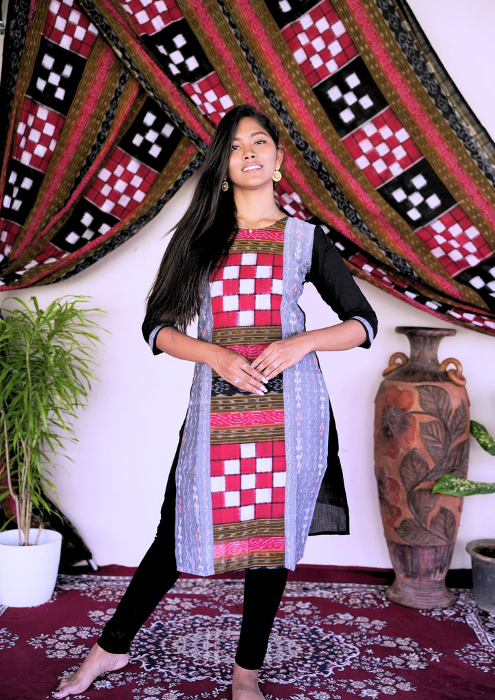 Sambalpuri Women's Kurti - Bichitrapuri Design Pure Cotton Kurta in Grey & Black